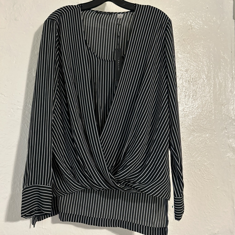T Tahari Black and White Pinstripe Top - Picture 2 of 5